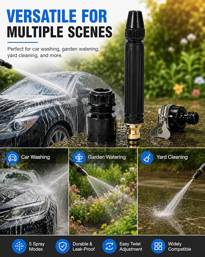 High Pressure Hose Nozzle Water Gun Metal Garden Hose Nozzle Pressure Washer Hose Attachment for Car Plant Watering