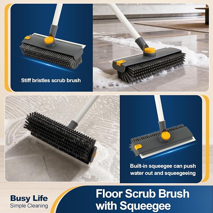 Yocada Floor Scrub Brush 3 in 1 Dual-Sided Stiff Bristle Scrubber Brush | with Scrape Squeegee Indoor&Outdoor for Cleaning Bathroom Kitchen Patio Pool Garage Wall Deck 53.9"
