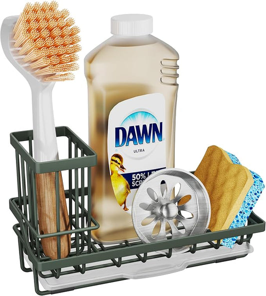 SWTYMIKI Sink Caddy Sponge Holder - Kitchen Sink Organizer with High Brush Holder for Countertop to Hold Dish Soaps and Sponges, Stainless Steel, Green