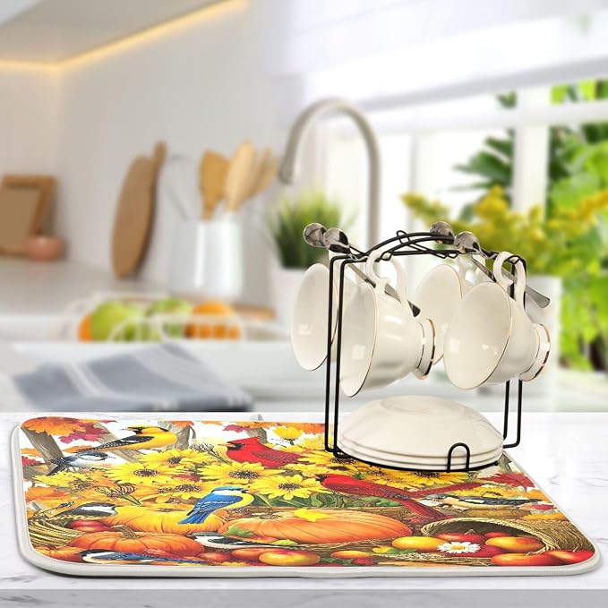 Fall Birds Dish Drying Mat for Kitchen Countertop 16x18 Autumn Pumpkin Sunflower Small Drying Mat Reusable Quick Dry Dish Sink Mats Easy Clean Decorative Essentials