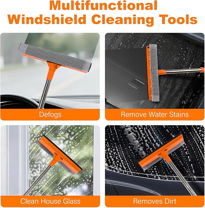Conliwell 2 in 1 Car Windshield Squeegees with 15.3"-23.6" Retractable Stainless Steel Handle, Auto Glass Wiper Kit, Supplies Suitable for Trucks, SUVs, RVs Window, Orange