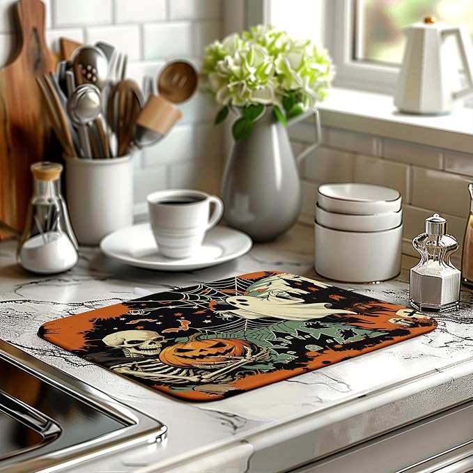 Halloween Ghost Skeleton Dish Drying Mat for Kitchen Counter 16x18 Spooky Skull Pumpkin Bat Fall Dish Mat Orange Black Holiday Dishes Drying Pad Absorbent Microfiber Dish Drainer Mats