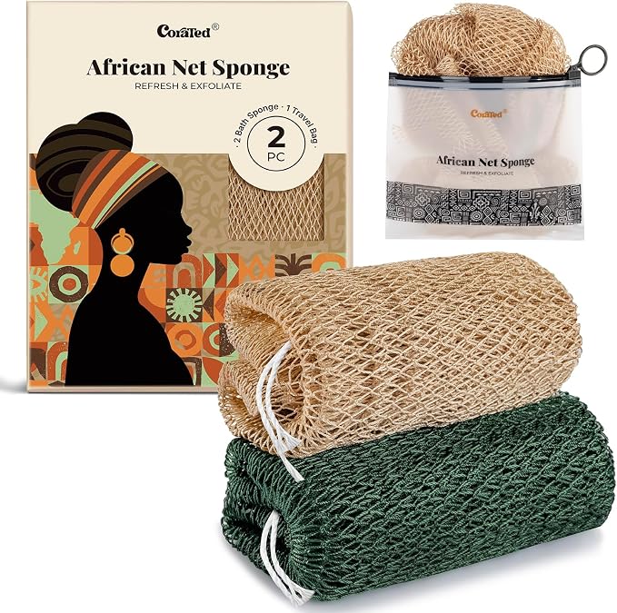CORATED African Net Sponge Authentic, Shower Loofah Exfoliating Bath Net Sponge with Knots, Body Scrubber for Women and Men Daily Use Body Care, Travel Portable Bath Accessories for Bathroom