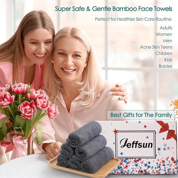 Face Wash Cloths 6 Pack,Womens Reusable Makeup Remover Towel,10''x10'',Grey | 100% Viscose,Extra Soft, Gently Wash Face for Sensitive Skin,Hanging Loop,Fast Dry,Facial Cleansing,Daily Skincare Routine