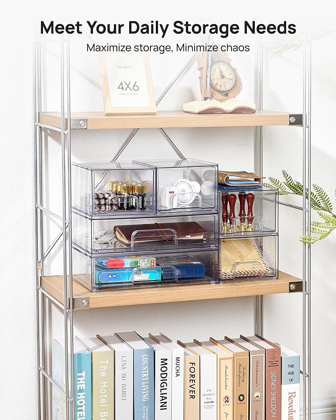 Vtopmart Stackable Storage Drawers Set of 6, Clear Plastic Organizer Bins for Bathroom Supplies, Ideal for Cabinet,Shelf, Pantry, Laundry Room Organization