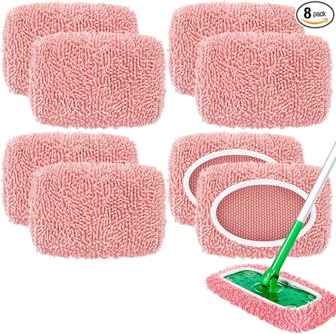 8 Pack Reusable Mop Pads Compatible with Swiffer Sweeper, Microfiber Chenille Washable Swiffer Mop Pads, Dry & Wet Sweeping Mopping Cloths (Pink)