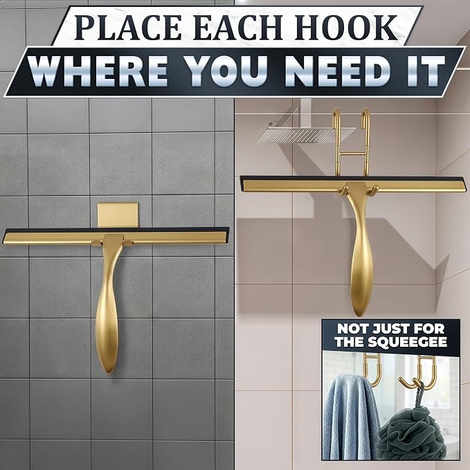 Gold Squeegee for Shower Glass, 14" Silicone Blade, Stainless Steel | Shower Door Squeegee with Hook, Adhesive Mount; All-Purpose Bathroom Tile, Mirror, & Window Wiper for Streak-Free Cleaning