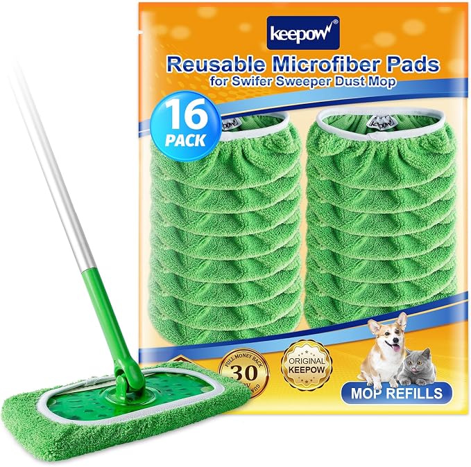 KEEPOW Reusable Wet Pads Compatible with Swiffer Sweeper Mop, 16 Pack | Dry Sweeping Cloths, Washable Microfiber Wet Mopping Cloth Refills for Surface/Hardwood Floor Cleaning