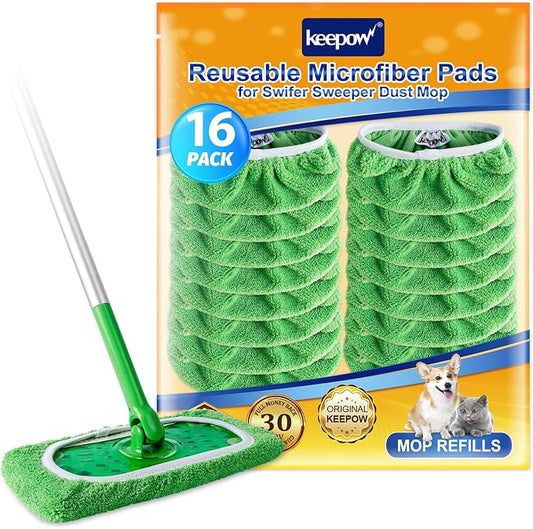 KEEPOW Reusable Wet Pads Compatible with Swiffer Sweeper Mop, 16 Pack | Dry Sweeping Cloths, Washable Microfiber Wet Mopping Cloth Refills for Surface/Hardwood Floor Cleaning