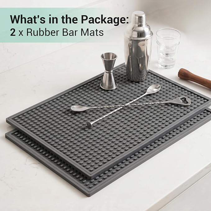 Rubber Bar Mat for Counter, Grey 2 Pack 12"x18" grip-friendly Coffee Bar Mat, Heat Resistant & Spill-proof Countertop Protector Mat for Kitchen, Home Bar, Coffee Station, Easy Clean Dish Drying Mat