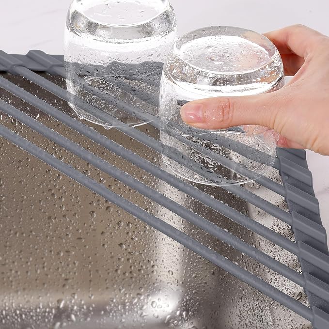 Tomorotec Corner Over the Sink Roll Up Drying Rack, Triangle Sink Dish Rack Mat, Silicone Wrapped Metal (Iron) Rods, Space Saving Dish Drainer, Heat Resistant Non Slip Trivet for Cookware（Deep Gray）