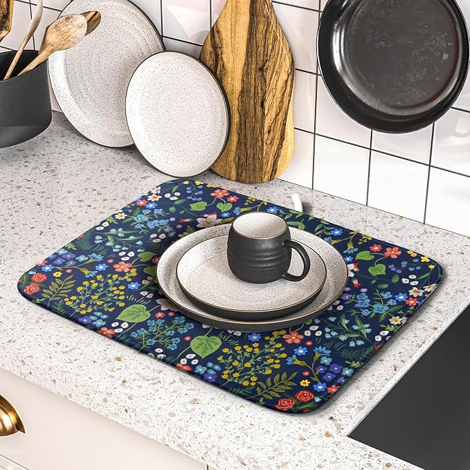 Flower Floral Dish Drying Mat Microfiber Navy Blue Absorbent Drying Pad for Kitchen Counter Small