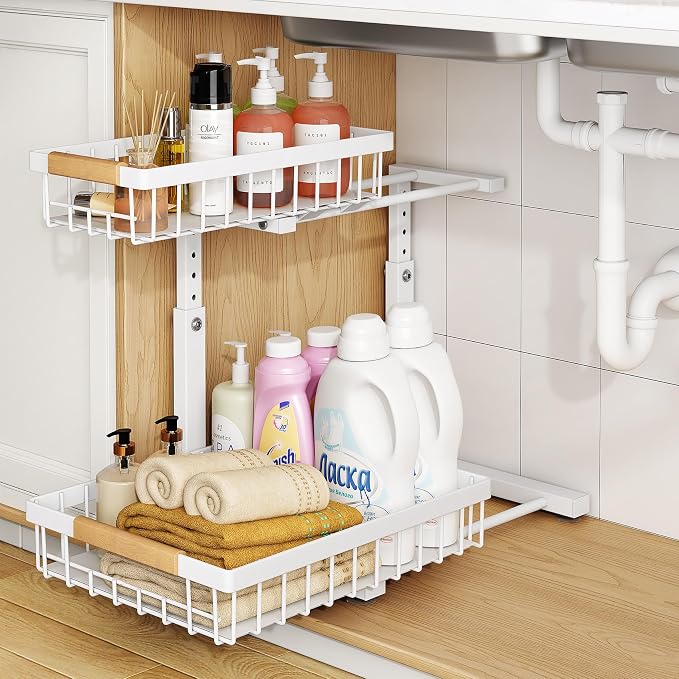 PXRACK Under Sink Organizer, Adjustable Height, 2 Tier Pull Out Under Cabinet Organizer, Slide Out Thickened Metal Under Sink Storage for Kitchen Bathroom Laundry Pantry Cabinet, White, Large-2-Pack