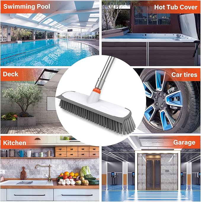ITTAR Floor Scrub Brush with Long Handle, 12" Wide 2-in-1 Deck Brush and Squeegee with 55" Stainless Steel Pole, Heavy-Duty Stiff Bristles for Shower, Tile, Garage, Patio & Kitchen-Orange