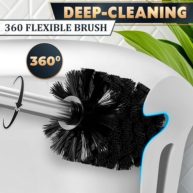 Silver Modern Toilet Brush and Holder Set with Wall Mount - Stainless Steel Toilet Brush with Holder - Removable Inner Bowl, Shiny Design, Splash Protection & Dense Bristles for Bathroom Cleaning