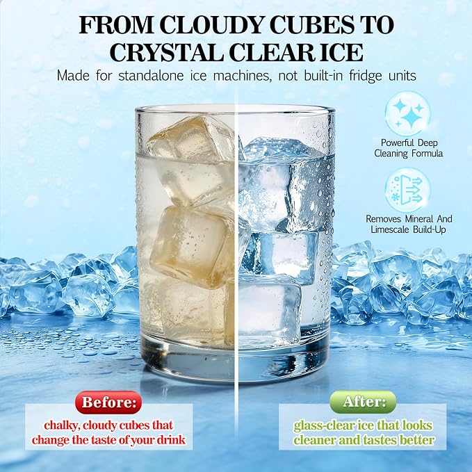 Bellaluce Ice Machine Cleaner Tablets, 32 Effervescent Descaling Tabs, Nickel Safe Cleaner for Countertop, Nugget, Portable & Commercial Ice Makers, Food-Grade Scale Remover for Fresh, Odor-Free Ice