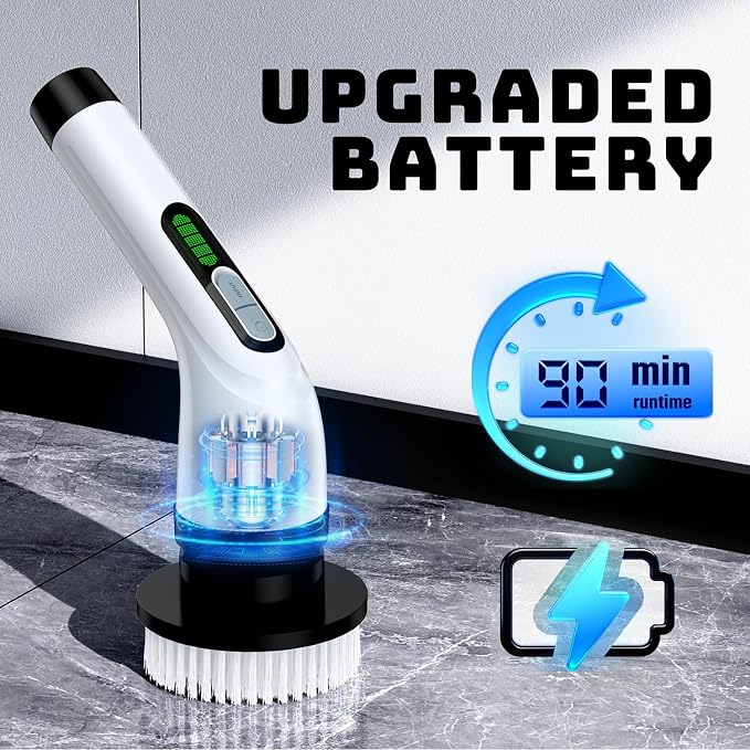 Electric Spin Scrubber for Bathroom: Shower Scrubber with Long Handle | Dual Speed Cordless Power Cleaning Scrub, 7 Brush Heads, IPX7 Waterproof Heavy Duty Cleaner Tools for Tub Tile Grout Wall