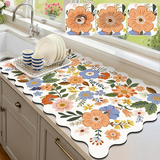 LOKHOM Scalloped Floral Dish Drying Mat, 17"x32" Super Absorbent Coffee Mat with Unique Spring Wildflowers, Cuttable Hide Stain Non-slip Drying Mat for Kitchen Counter Coffee Maker Espresso Machine
