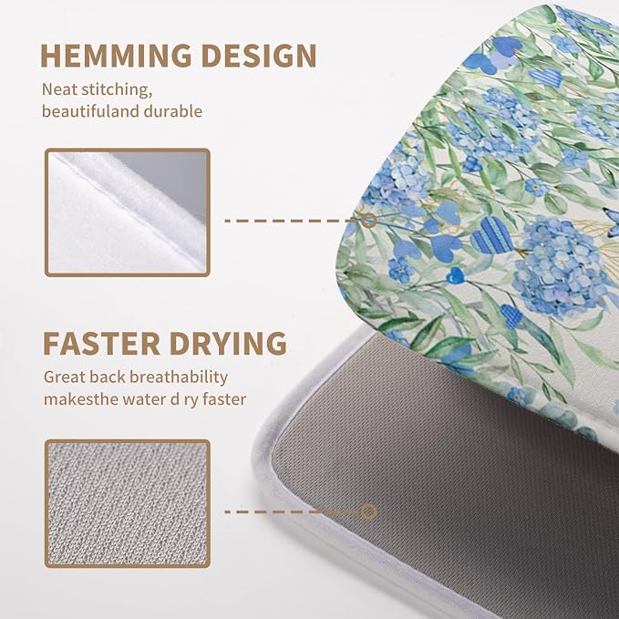 Blue Hydrangea Floral Dish Drying Mat for Kitchen Counter Spring Butterfly Flower Drainer Mat Absorbent Reversible Microfiber Heat Resistant Dry Pad Reusable Washable Dishes Pad 16x18 Inch