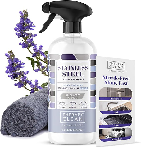 Therapy Stainless Steel Cleaner and Polish, Lavender Scent, Sink Cleaner | 100% USDA Biobased. Removes fingerprints & residue. Safe for sinks, grills & appliances. Lavender essential oil scent.