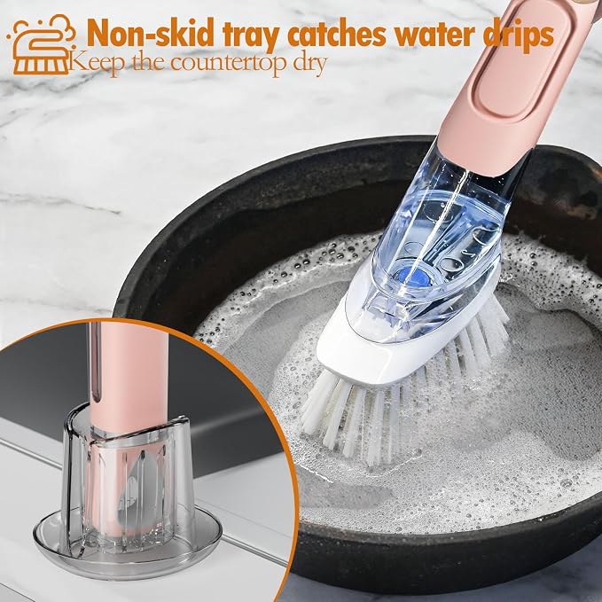 Soap Dispensing Replacement Dish Brush with 2 PCS Brush Refills & Holder | RIMAY Dispenser Scrub Cleaning Scrubber Kitchen Dishwashing Dish Wand Handle for Dishes/Pans/Pots/Sink(Pink)