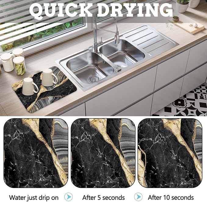 MCALK Marble Black Dish Drying Mat for Kitchen Counter, Gold Dish Drying Pad with Anti-Slip Rubber Base, Absorbent Kitchen Sink Mat with Modern Art Decor (1 pc 18" x 16")