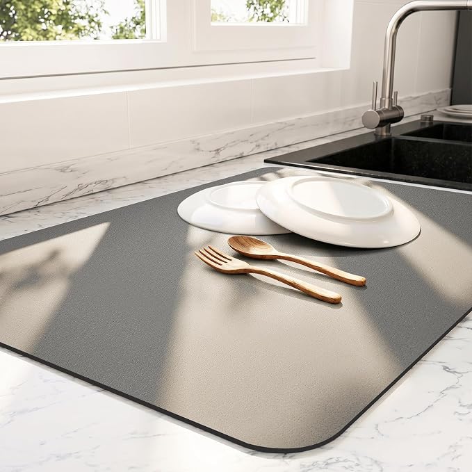 Ecotrim - Dish Drying Mat for Kitchen Counter | Coffee Bar Mat for Countertops | Heat Resistant Drainer Mat with Non-slip Rubber Backed | Hide Stain Kitchen Absorbent Draining Mat | Dark Grey 16"x20"