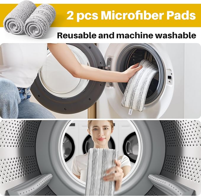 JOYMOOP 17.7-Inch Microfiber Mop Replacement Pads, Washable Reusable Grey & Stripe Refills, Pack of 2, Wet & Dry Cleaning Pads Compatible with Flat Mop Bucket System