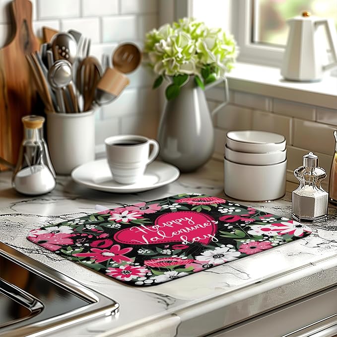 Heart Dish Drying Mat - 16x18 Inch Absorbent Dish Drainer Rack Mat - White Red Rose Floral Drying Pad - Valentine's Day Kitchen Accessories