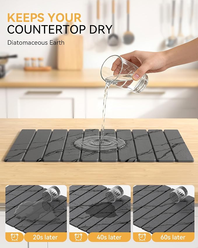 Yofidra Large Stone Dish Drying Mat for Kitchen Counter, Quick Dry Stone Mats with Absorbent Diatomaceous Earth, Foldable Roll Up Drying Organizer Pad for Utensils Plate, 24"×16", Dark Gray Marble