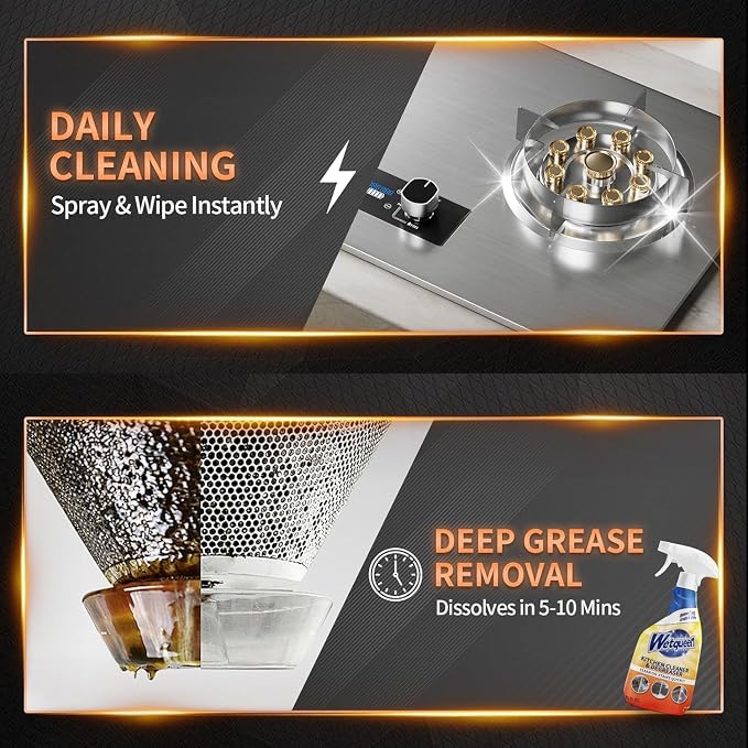 WETQUEEN All Purpose Cleaner Spray, Heavy Duty Kitchen Degreaser Foam & Stubborn Stain Remover for Kitchen, Household, Oven, Stove, Range Hood, Tiles, Dual-Spray Nozzle, Lemon Scent, 16.91 Fl Oz