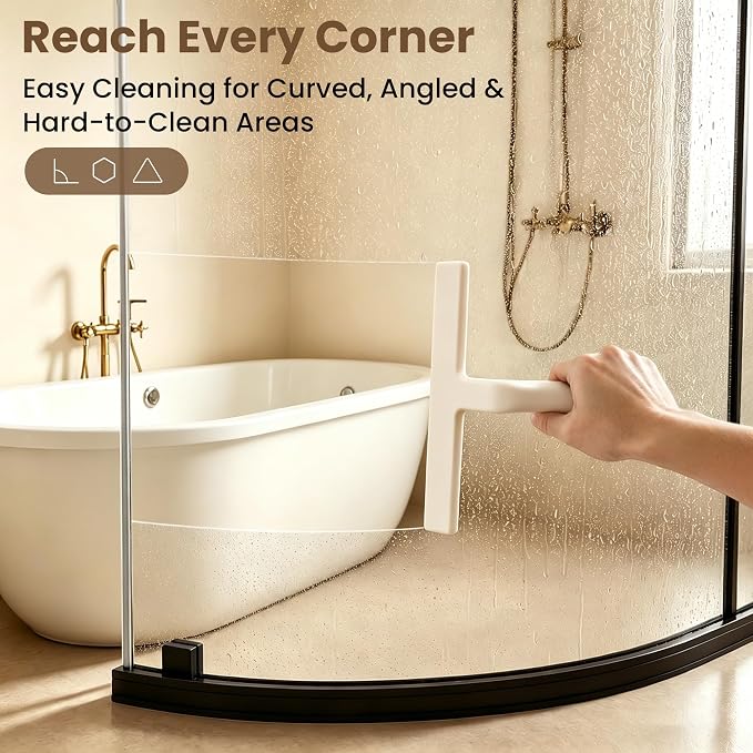 10 Inch Silicone Shower Squeegee for Glass Doors, Streak-Free, White | No-Squeak Silicone Blade, Ergonomic Round Grip and Built-In Hook for Quick Daily Cleaning of Shower Glass, Tile and Windows