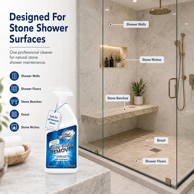 Black Diamond Stoneworks Soap Scum Remover – Natural Stone Safe Shower Cleaner for Marble, Granite, Travertine, Tile & Glass – Removes Soap Scum, Hard Water Buildup & Residue