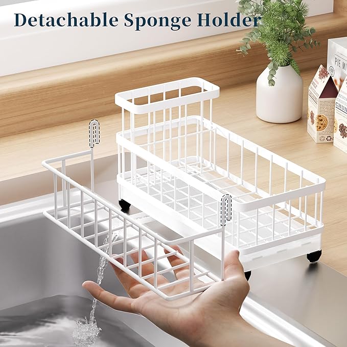 Consumest Sponge Holder for Kitchen Sink - Auto Draining Sink Caddy Organizer with Detachable Rack, High Brush Holder, Kitchen Countertop Storage Accessories, White
