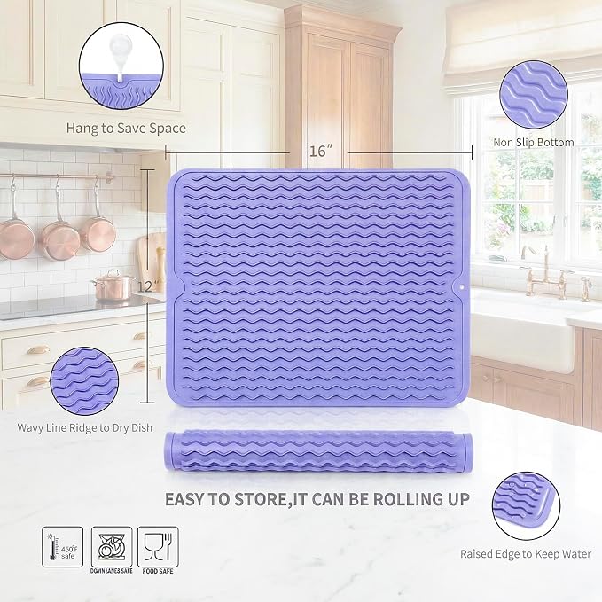 MicoYang Silicone Dish Drying Mat — Quick-Dry Ridges Counter & Sink Pad, Heat-Resistant Trivet to 450°F, Non-Slip & Dishwasher Safe, Roll-Up Storage, 18 Colors & 9 Sizes (Light Purple, 16"×12")