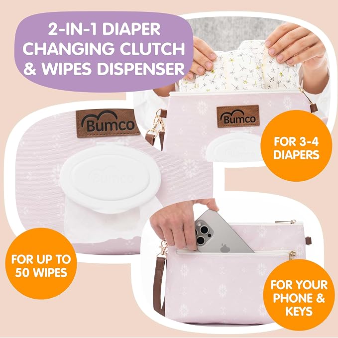 Bumco Diaper Clutch Bag - Portable Wipes Dispenser & Diaper Holder, Airtight Travel Baby Wipes Case, Wipe Dispenser Travel Baby Wipes Dispenser On the Go, Diaper Wristlet