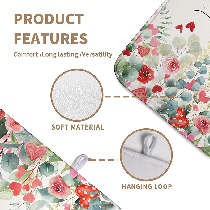 Valentines Day Love Heart Rose Eucalyptus Leaves Dish Drying Mat for Kitchen Counter 18x24 Inch Spring Valentine Microfiber Absorbent Dish Drainer Mats Reversible Drying Pad