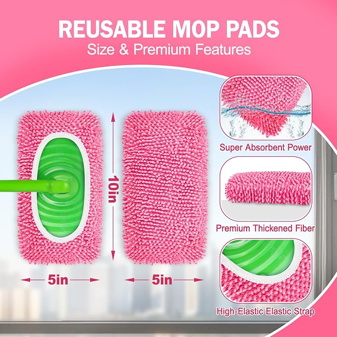 6 Pack Reusable Mop Pads Compatible with Swiffer Sweeper, Dry Sweeping Cloths & Wet Mopping Cloths - Microfiber Mop Pads for Hardwood Floors, Floor Cleaning, Wood Floors (Pink)