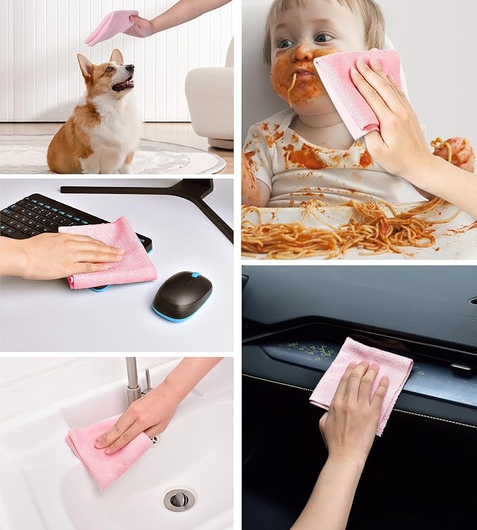 KitchLife Microfiber Cleaning Cloth Roll - Tear-Away Reusable Microfiber Paper Towels, Lint-Free, Washable, 20 Sheets for Kitchen, Car, Dishes, and Sensitive Surfaces (Pink)