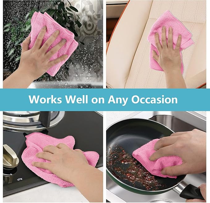 HOMEXCEL 50PK Microfiber Cleaning Cloth, Cleaning Rag for Home, 11.5x11.5in | Reusable, Lint Free, Scratch-Free and Highly Absorbent Towels for Kitchen, Window and Glass, Cars, Pink