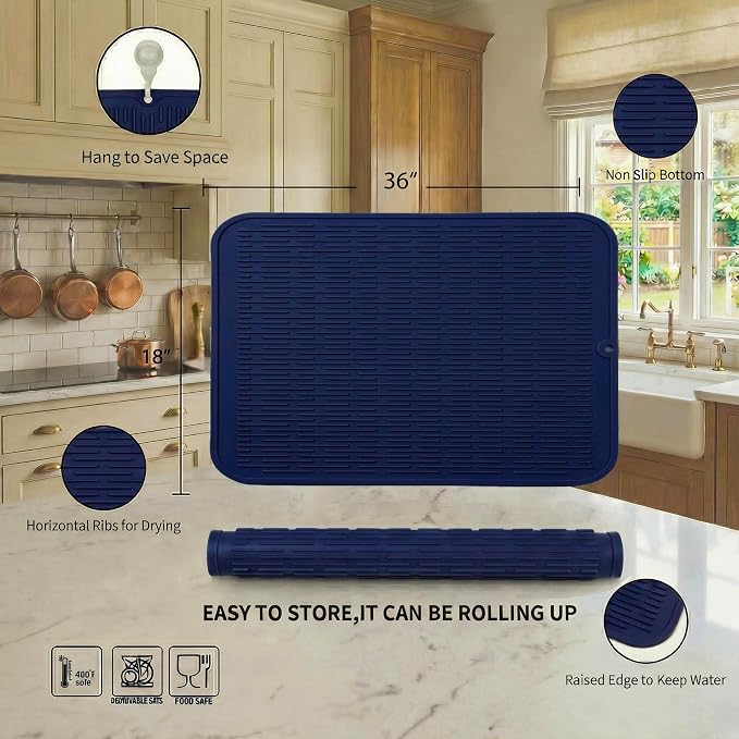 MicoYang Silicone Dish Drying Mat for Multiple Usage,Easy clean,Eco-friendly,Heat-resistant Silicone Mat for Kitchen Counter or Sink,Refrigerator or Drawer Liner Navy Blue 5XL 36inches x 18inches