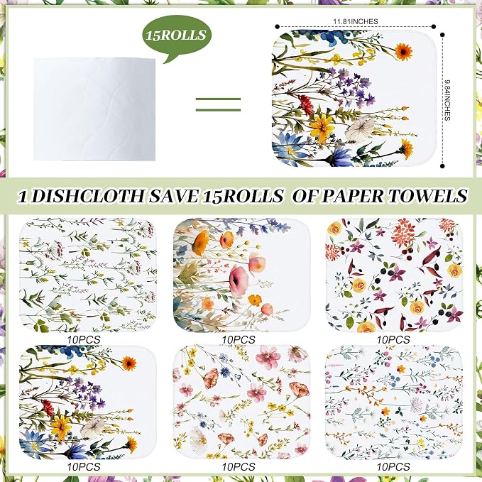 60 Pack Reusable Cleaning Cloths Washable Cotton Kitchen Dish Towels for Home Party Supplies Bulk, 9.84x11.81in (Wildflowers)