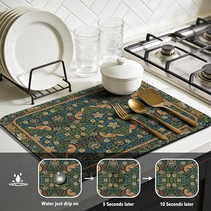 Dish Drying Mat for Kitchen Counter 17x32 Inch, Boho Quick Dry Coffee Mat | Made of super absorbent diatomite that quick dries dishes, coffee machine & sink area. Non-slip rubber base for countertop
