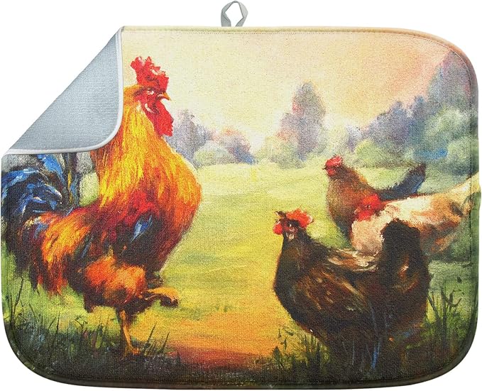Sanwarm Absorbent Dish Drying Mat, Multicolor Oil Realistic Rooster Chickens Microfiber Pad for Kitchen Counter, Coffee Bar Decor, Heat Resistant and Reversible, 18" x 24"
