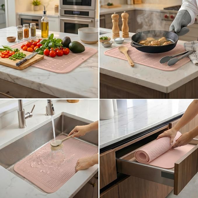 MicoYang Silicone Dish Drying Mat for Multiple Usage,Easy clean,Eco-friendly,Heat-resistant Silicone Mat for Kitchen Counter or Sink,Refrigerator or Drawer Liner Pink 2XL 24 inches x 18 inches