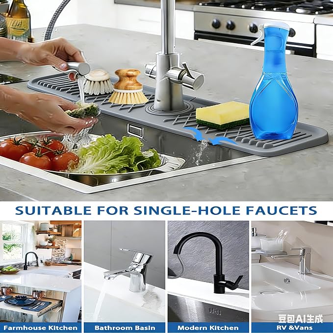 EBIGIC 24 Inch Silicone Faucet Mat for Kitchen Sink, 7° Slope Fast Self-Draining Sink Splash Guard, Kitchen Sink Water Catcher Organizer, Kitchen Sink Accessories (Gray, 24''x5.6'')