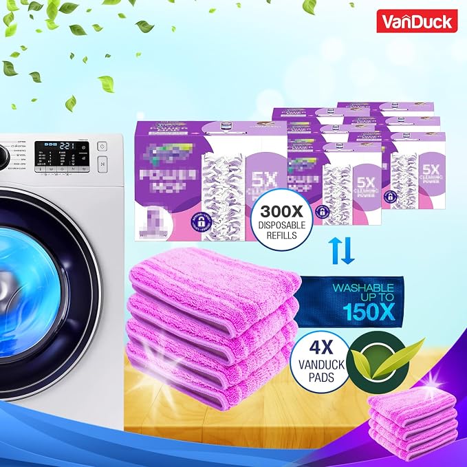 VanDuck Reusable Microfiber Mop Pads for Swiffer PowerMop, 6 Pack | Washable, heavy duty replacement refills, wet & dry use, multi-surface hardwood floor cleaning