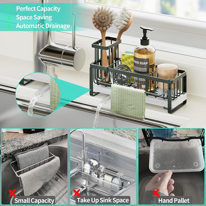 HapiRm Sponge Holder for Kitchen Sink - Self-draining Sink Caddy with Brush and Dishcloth Holders, Stainless Steel Kitchen Organizer for Countertop - Green