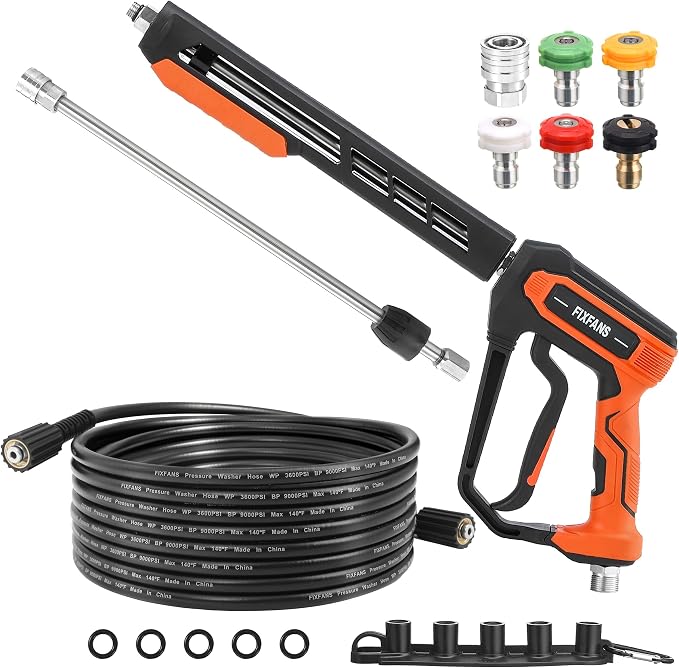 FIXFANS Pressure Washer Gun and Hose Kit, 25FT Power Wash Hose, M22 Fitting | High Pressure Washer Replacement Wand Extension, 5 Nozzle Tips