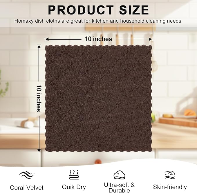 Homaxy 12 Pack Kitchen Dish Cloths (10 x 10 Inches, Brown), Super Soft and Absorbent Coral Velvet Dish Towels, Nonstick Oil Fast Drying Microfiber Cleaning Cloth, No Lint Household Dishcloths